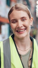Poster - Face, logistics and smile with woman in warehouse for distribution, shipping or supply chain. Commercial, inventory and stock with happy postal worker in storage depot for freight or packaging