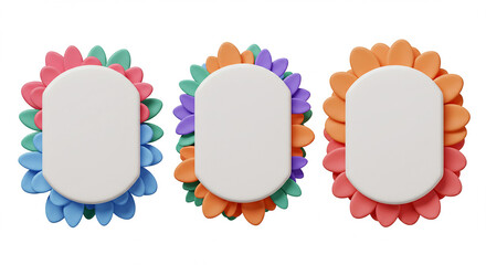 Poster - Three colorful flower frames with blank white space for text or design elements, isolated on white background.