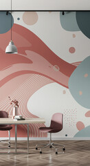 Poster - Modern office interior with table, chairs, and abstract wall art. Contemporary workspace with design elements.