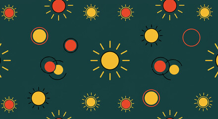 Leinwandbilder - Abstract pattern with yellow suns and red circles on dark teal background