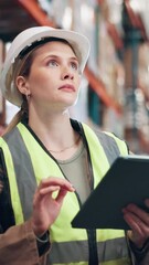 Poster - Checklist, counting and tablet with woman in warehouse for logistics, shipping or supply chain company. Inspection, inventory and storage with person in depot for distribution or packaging of stock