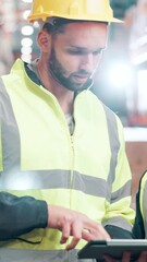 Poster - Man, woman and tablet with talk at warehouse for logistics, planning and inventory management team. People, engineer and touchscreen on app for storage, supply chain and schedule for distribution