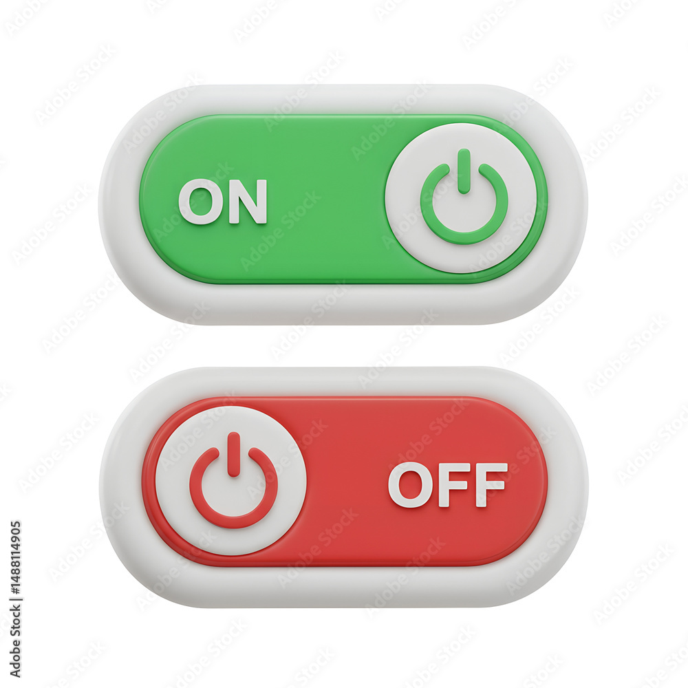 3D Green ON and Red OFF Power Toggle Switch Icons with White Border ...