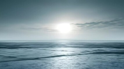 Wall Mural - Frozen landscape with a bright sun over a vast expanse of ice.  A serene, cold, and tranquil scene.  The light reflects off the icy surface