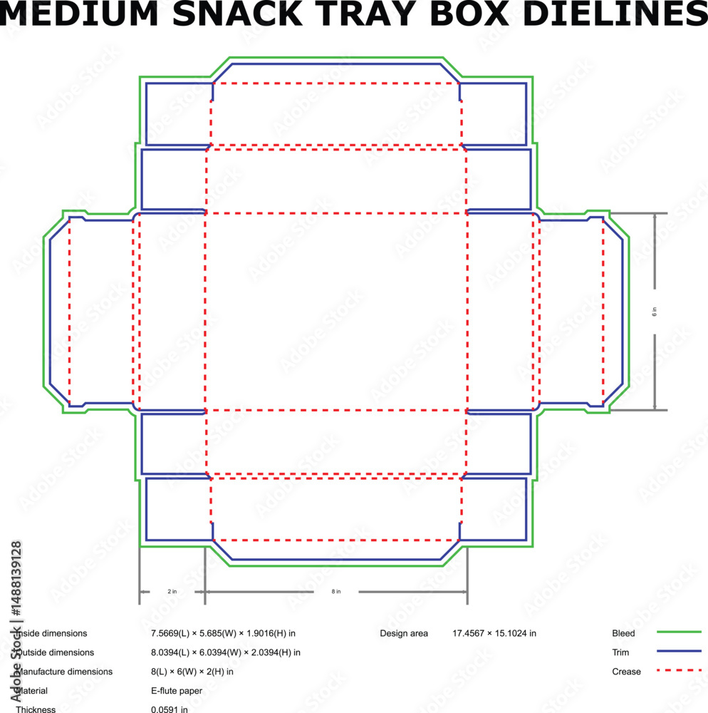 Snacks Queue Line Design Medium snack tray box die lines template for packaging design with ...