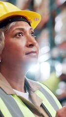 Poster - Inspection, inventory and tablet with woman in warehouse for logistics, shipping or supply chain company. Checklist, industry and stock with mature person in depot for distribution or packaging