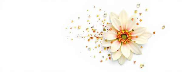 Poster - Elegant white flower with soft petals disintegrating into small colorful fragments on white