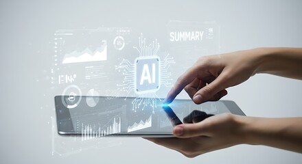 Poster - Person interacting with ai interface on tablet exploring data analysis and technology