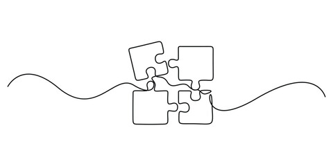 Poster - Continuous one line drawing of four Puzzle Pieces. Symbolizing Ideas, Business Strategy, Thinking Process, Creativity, and Problem Solving, Graphic illustration