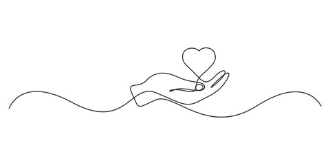Poster - Continuous single line drawing hand holding red heart. Charity donation linear concept. Isolated on white background vector illustration