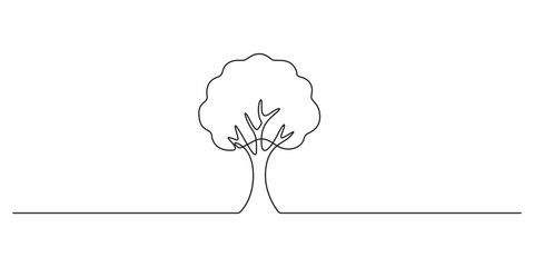 Poster - Tree plant single doodle outline vector forest environment. Continuous one line tree plant for eco, nature, garden logo design. Ecology green concept, background. Vector illustration 