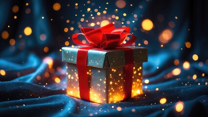 Poster - Bokeh lights illuminate a gift box on a shadowy background.
