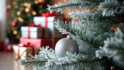 Poster - Charming Christmas tree with festive tinsel and presents underneath.
