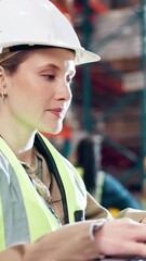 Poster - Laptop, logistics and stock with woman in warehouse for distribution or shipping schedule. Checklist, computer and inventory with supply chain employee in storage depot for inspection or planning