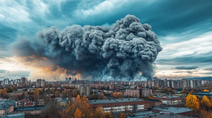 Poster - A billowing cloud of gray smoke spreading across the sky from a large urban fire, partially obscuring buildings and structures in the distance