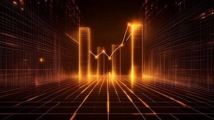 Poster - A futuristic D bar chart with tall, glowing columns and an upward trending arrow, hovering over a dark digital background filled with grid patterns