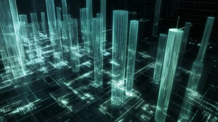 Poster - A futuristic D bar chart with tall, glowing columns and an upward trending arrow, hovering over a dark digital background filled with grid patterns