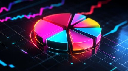 Poster - A futuristic D pie chart with floating segments, each glowing with neon lights, set against a dark grid background, representing financial data visualization