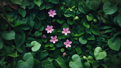 Poster - A tranquil scene of gentle pink blooms rising from vibrant green foliage, showcasing the splendor of nature.