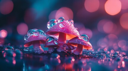 Aufkleber - A macro shot of a cluster of mushrooms on a damp forest floor, with clear water droplets enhancing their texture and vibrant colors