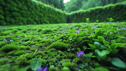 Poster - Herb wall, plant wall, natural green wallpaper and backdrop, ambient moss grass lawn, A vibrant green field teeming with grass. The field is rich and full of vitality.