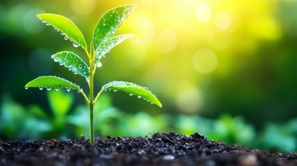Poster - A serene image of a freshly planted sapling in a peaceful meadow, with dew-covered grass and soft morning light illuminating the scene