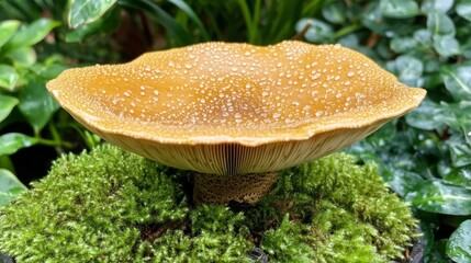 Poster - A single golden-brown mushroom with water droplets on its cap, placed on a bed of moss, surrounded by vibrant green foliage for contrast