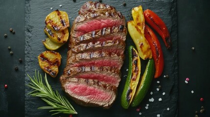Poster - A sliced steak with a juicy pink center, neatly arranged on a dark slate plate with rosemary and grilled vegetables placed decoratively around it