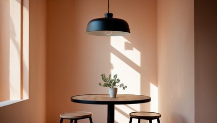 Poster - decorative concept for an empty room with cream walls, a lamp, a table, and flowers in a vase