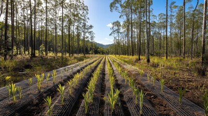 Poster - Rows of protective wire cages surrounding young saplings in a reforestation area, ensuring their growth and safety in a rehabilitated forest