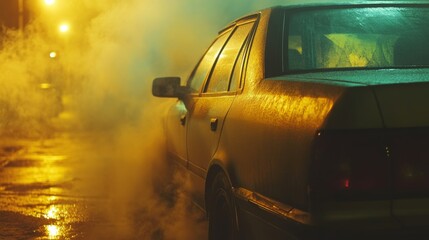 Aufkleber - Smoke from a vehicle exhaust pipe slowly dissipating into the cold morning air, with soft light and visible condensation creating a moody effect