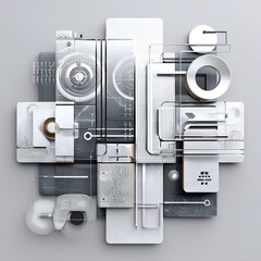 Poster - Intricate assemblage of futuristic mechanical parts forming an intriguing abstract sculpture