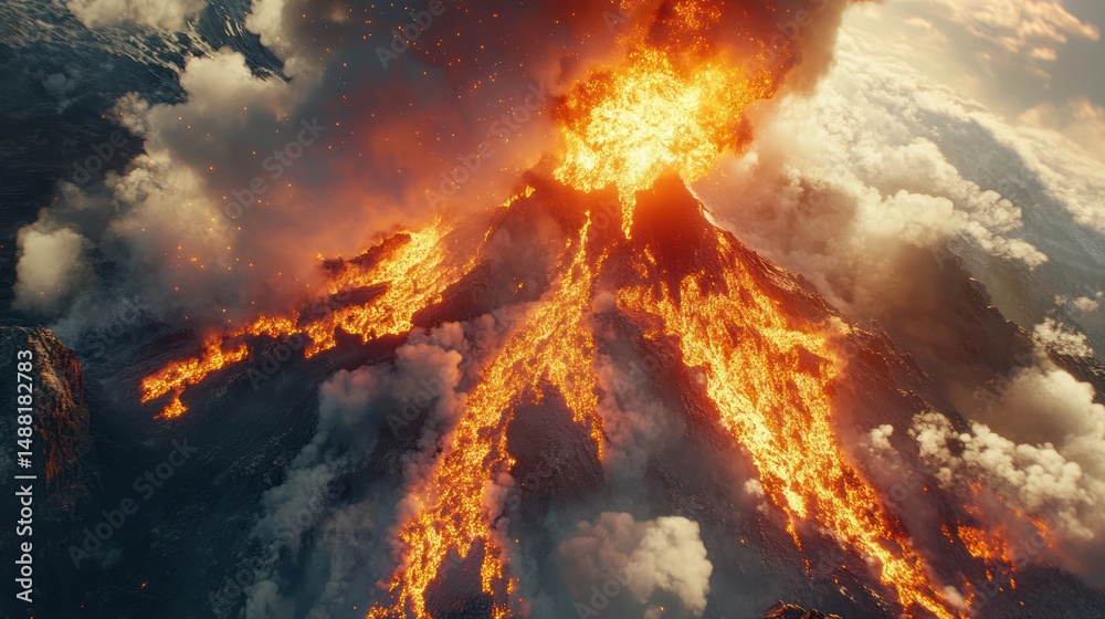 Dramatic volcanic eruption spewing lava and ash with smoke billowing ...