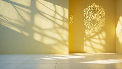Poster - Abstract shadow backdrop featuring traditional ornamentation, Islamic design. Yellow wall backdrop.