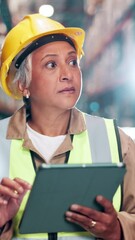 Poster - Counting, tablet and walking with woman in warehouse for logistics, shipping or supply chain company. Checklist, inventory and stock with mature person in depot for distribution, packaging or storage