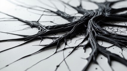 Poster - Intense close-up of black acrylic paint texture on paper. Focused selection.
