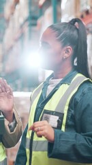 Poster - Women, tablet and meeting in warehouse for logistics, planning or inventory management team at plant. People, mentor and digital touchscreen on app for distribution, supply chain or storage industry