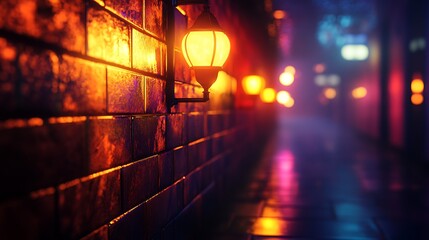 Poster - Illuminated urban passageway with warm lantern light and vibrant color gradients