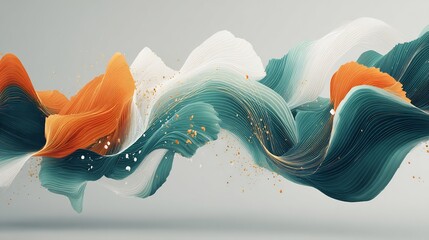 Poster - Abstract flowing ribbons in teal, orange, and white with golden particle accents