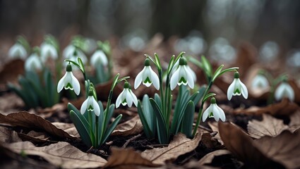 Poster - snowdrop flowers of early spring pushing through dried leaves