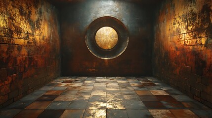 Poster - Abstract weathered chamber featuring an oculus and rusted tile flooring