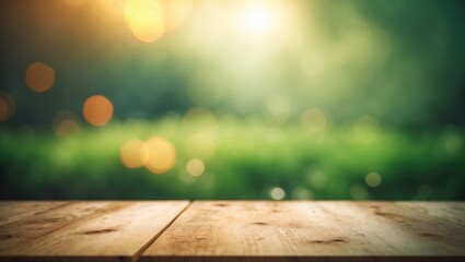 Poster - Green blurred background with wooden surface in focus