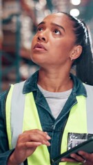 Poster - Counting, tablet and walking with woman in warehouse for logistics, shipping or supply chain company. Checklist, inventory and stock with person in depot for commerce, distribution or packaging