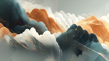 Poster - Abstract layered landscape in blue, orange, and white with textured waves