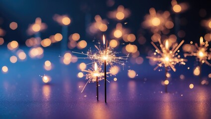 Poster - Abstract bokeh created by warm lights with sparkling sparkler. Holiday theme, blurred bokeh, greeting card idea.