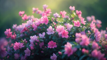 Aufkleber - Bright pink blooms and aromatic flowers adorn a bush with dark green foliage in spring, capturing the gentle beauty of nature and creating a romantic ambiance.