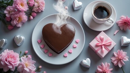 Poster - Heart-shaped cake, flowers, gift, and coffee for a special day on a gray table in flat lay style.