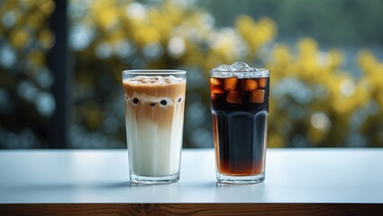 Aufkleber - Glassful of americano and iced milk coffee beverages placed on a wooden table at a cafe.