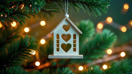 Aufkleber - Handcrafted wooden house decoration featuring heart-shaped cutout hanging from a branch with warm lights in the background, establishing a festive ambiance. Wallpaper, backdrop