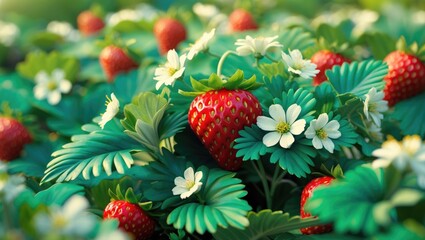 Poster - Bush of strawberries featuring vibrant red berries and green foliage